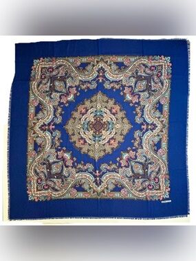 Vintage Norma Dori Elegant Blue & Pink White Brown Paisley Scarf 46" Fray Fringe